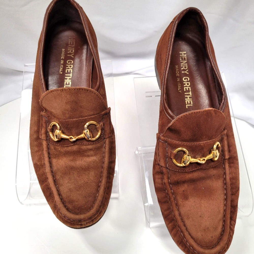 Henry Grethel Brown Suede Loafers with Gold Horsebit